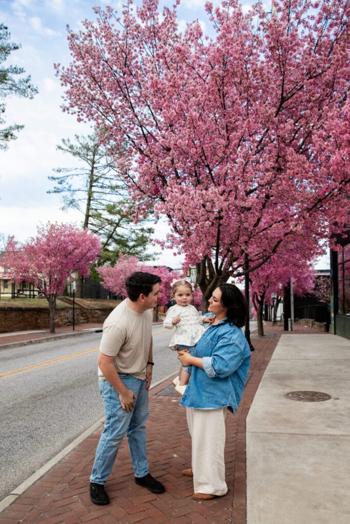 Family standing next to bright pink cherry blossom trees