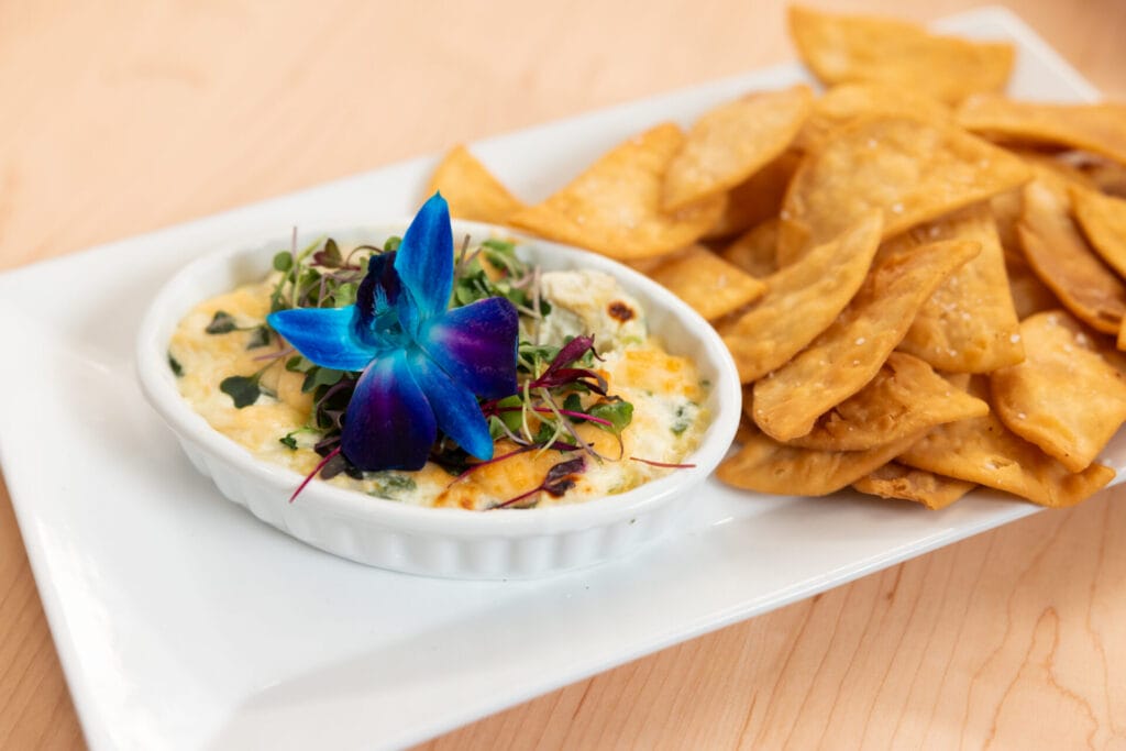 Appetizer cheese dish with chips