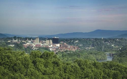 City of Lynchburg, Virginia at the foothills of the Blue Ridge Mountains and alongside the James River - Credit Visit Lynchburg, Virginia